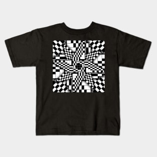 Black and White Checkered Pinwheel Optical Illusion Kids T-Shirt